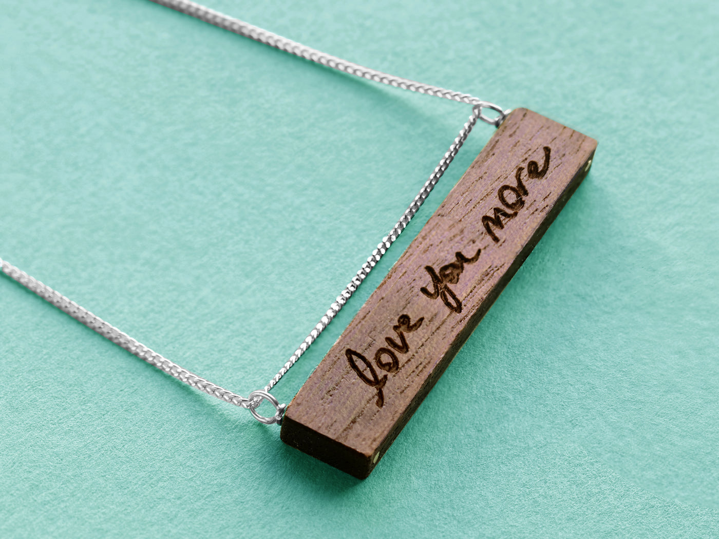 engraved wood handwriting necklace