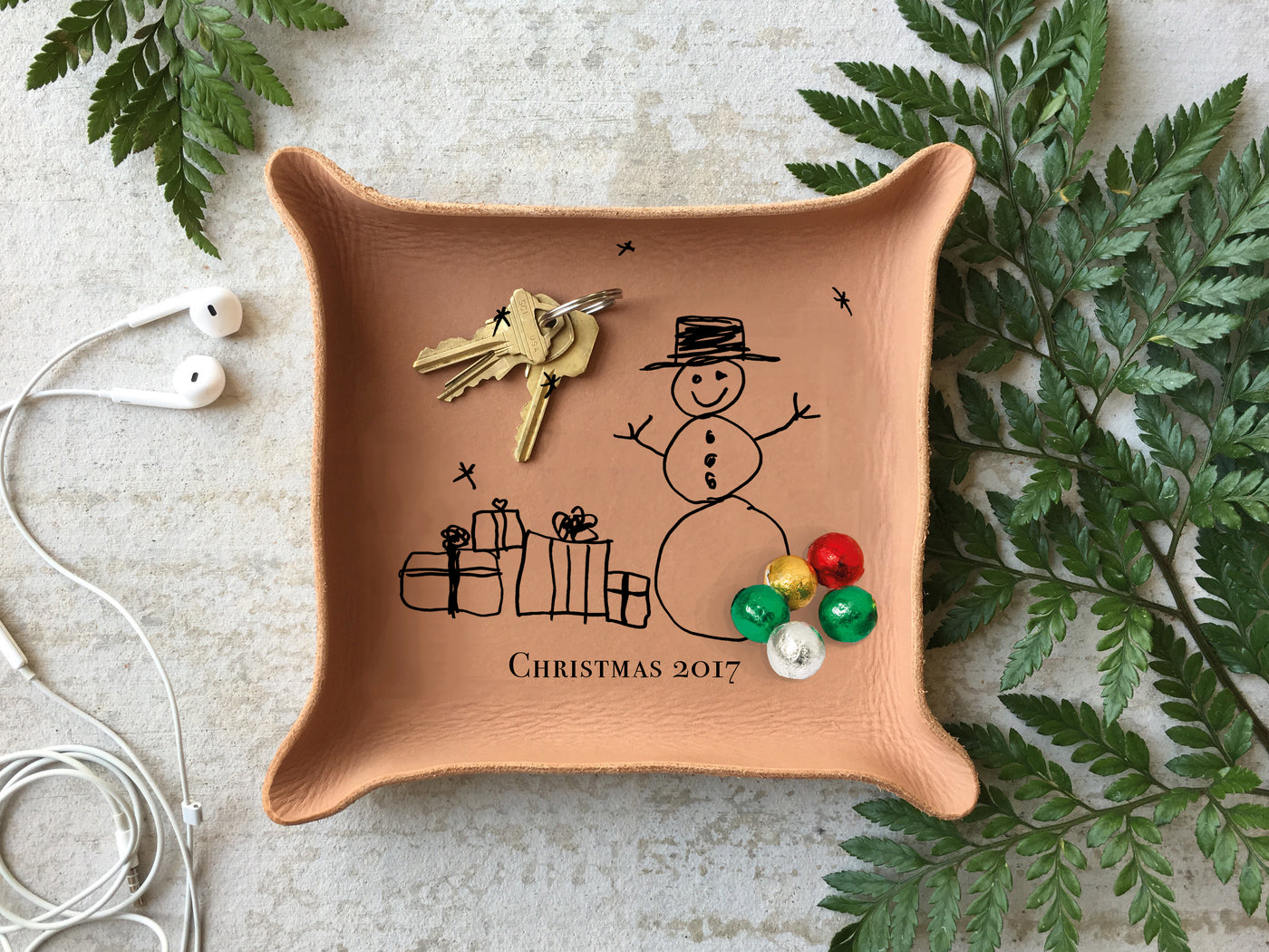 Leather christmas tray with kids drawing