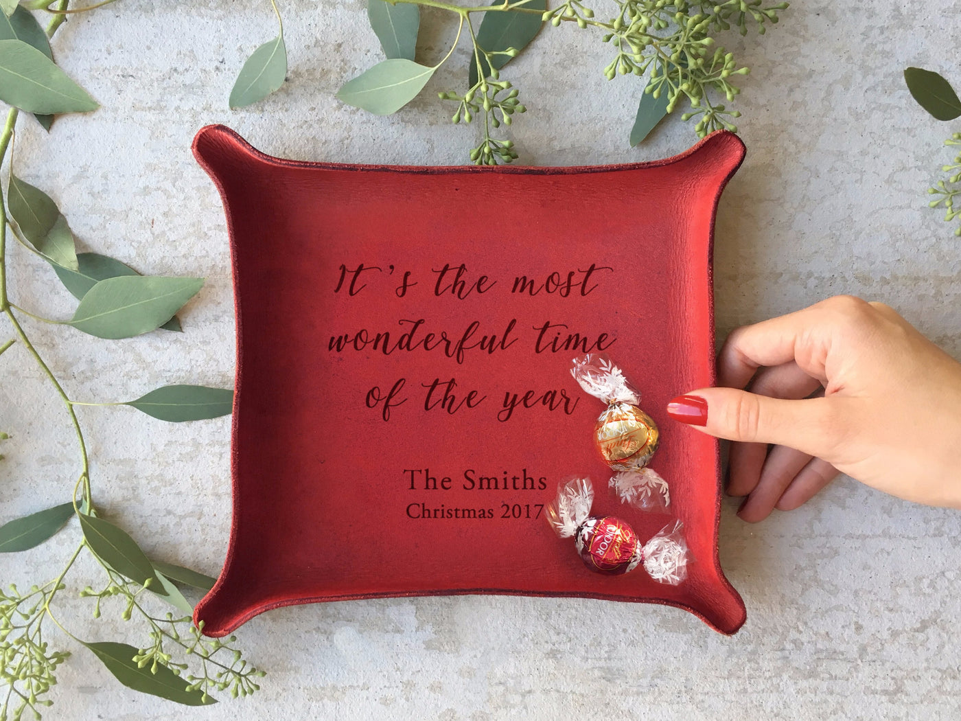 personalized Christmas leather catchall tray with quote