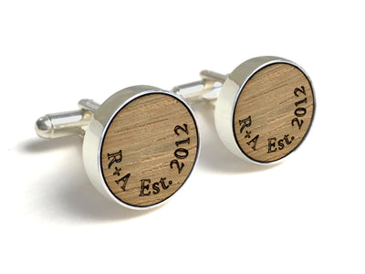 Wood Anniversary Gifts For Him - Whiskey Wood Cufflinks With Initials & Date