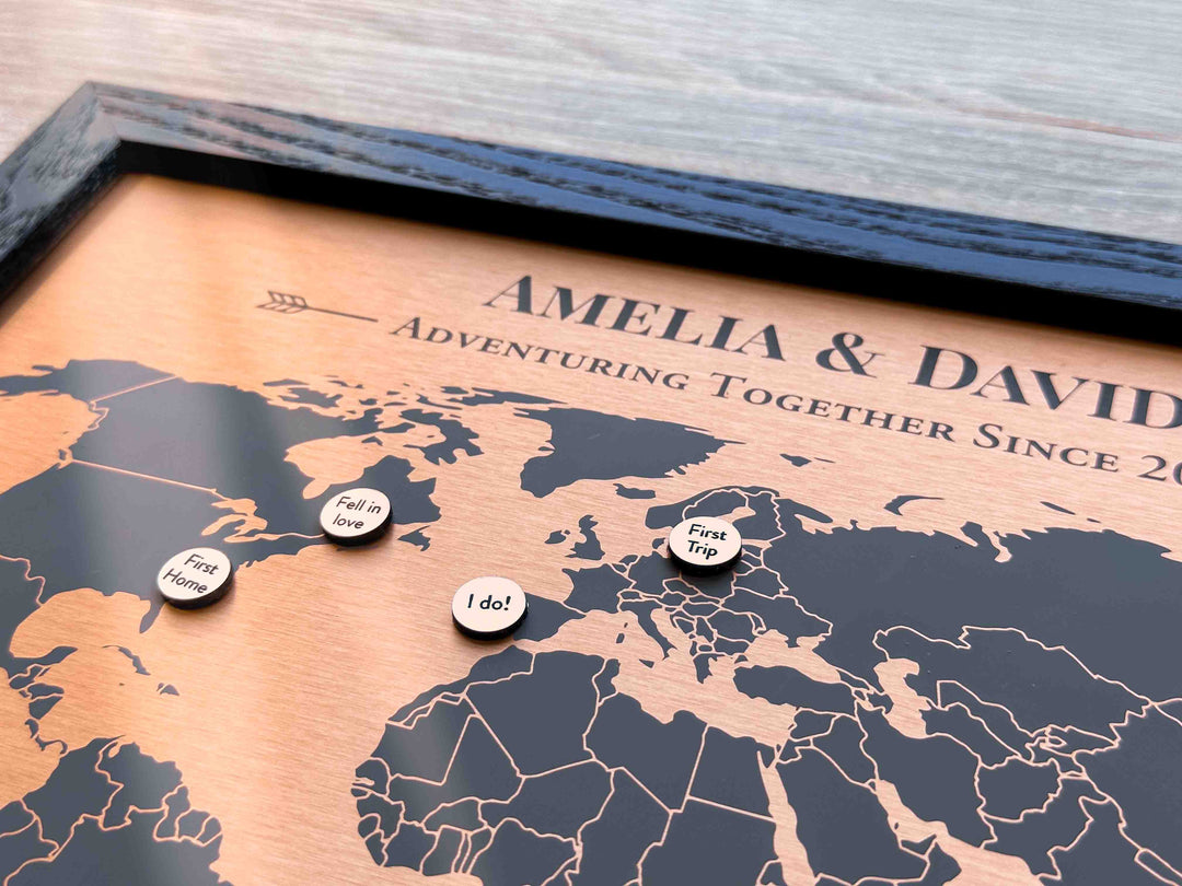 22 Year Anniversary Copper Map with Personalized Milestone Pins
