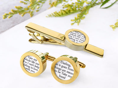 gold personalized cufflinks and tie clip