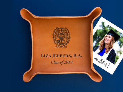 personalized leather tray with college seal