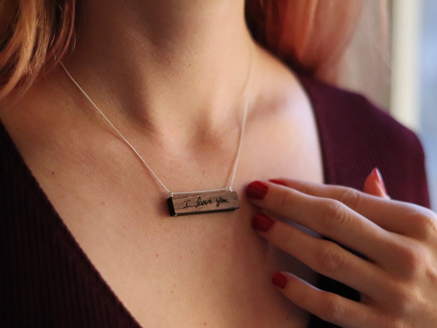 personalized wood handwriting necklace